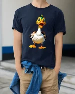 Funny Happy Cartoon Duck Illustration Graphic T Shirt - model wearing navy tee with hands in pockets