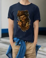 Dark Pirate Skull Voodoo Doll Fantasy Horror Graphic T Shirt - model wearing navy tee with hands in pockets