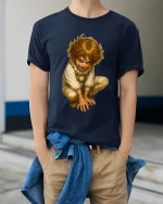 Creepy Mischief Clown Illustration Dark Fantasy Graphic T Shirt - model wearing navy tee with hands in pockets