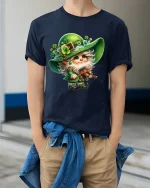 Cute Irish Gnome Fiddle Player St Patricks Day Graphic T Shirt - model wearing navy tee with hands in pockets