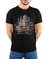 Steampunk Fantasy Ship Castle Adventure Art Graphic T Shirt - model wearing black tee with hands behind back