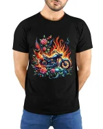 Flaming Motorcycle Rose Art Biker Fantasy Illustration T Shirt - model wearing black tee with hands behind back