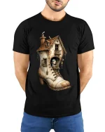 Whimsical Boot House Fairy Tale Fantasy Illustration T Shirt - model wearing black tee with hands behind back