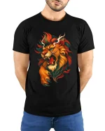 Roaring Lion Artistic Fire Mane Illustration Graphic T Shirt - model wearing black tee with hands behind back