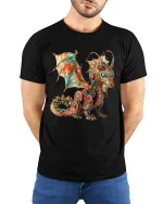 Steampunk Mechanical Dragon Fantasy Illustration Graphic T Shirt - model wearing black tee with hands behind back