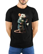 Gentleman Mouse Vintage Illustration Graphic T Shirt - model wearing black tee with hands behind back
