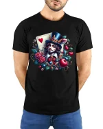 Whimsical Card Magician Hearts Fantasy Art Graphic T Shirt - model wearing black tee with hands behind back