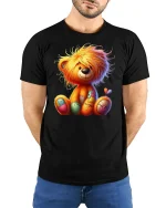 Cute Patchwork Teddy Bear Illustration Graphic T Shirt - model wearing black tee with hands behind back