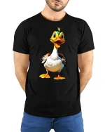 Funny Happy Cartoon Duck Illustration Graphic T Shirt - model wearing black tee with hands behind back