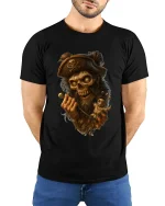 Dark Pirate Skull Voodoo Doll Fantasy Horror Graphic T Shirt - model wearing black tee with hands behind back
