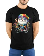 Peace Loving Hippie Gnome Bicycle Fantasy Art Graphic T Shirt - model wearing black tee with hands behind back