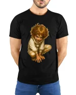 Creepy Mischief Clown Illustration Dark Fantasy Graphic T Shirt - model wearing black tee with hands behind back