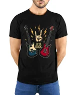 Lets Rock Electric Guitar Hand Sign Music Lover Graphic T Shirt - model wearing black tee with hands behind back