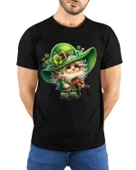 Cute Irish Gnome Fiddle Player St Patricks Day Graphic T Shirt - model wearing black tee with hands behind back
