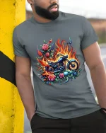 Flaming Motorcycle Rose Art Biker Fantasy Illustration T Shirt - model wearing grey tee, leaning on column