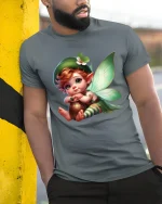 Cute Fairy Leprechaun Illustration Graphic T Shirt - model wearing grey tee, leaning on column