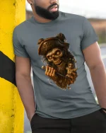 Dark Pirate Skull Voodoo Doll Fantasy Horror Graphic T Shirt - model wearing grey tee, leaning on column