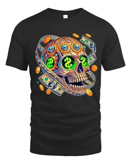 Money Skull Graphic T Shirt With Cash And Luxury Art Style - black t-shirt on white background