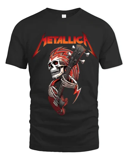 Heavy Metal Skull Guitarist Graphic T Shirt With Rock Energy - black t-shirt on white background