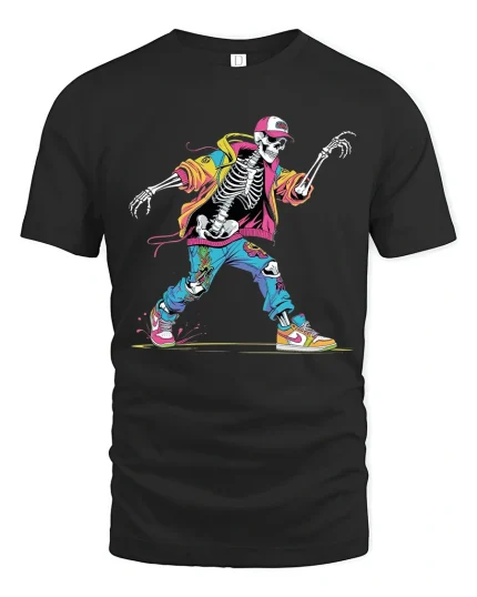 Street Dance Skeleton Graphic T Shirt With Colorful Hip Hop Style - black t-shirt on white background