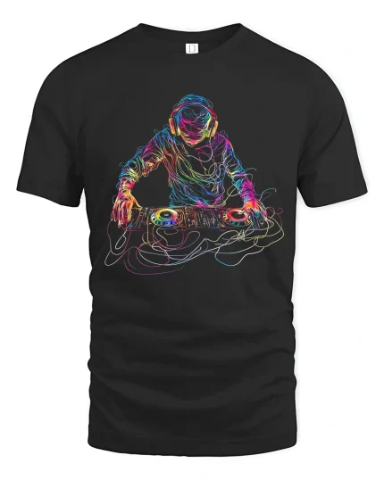 Neon DJ Music Graphic T Shirt With Colorful Electric Art - black t-shirt on white background