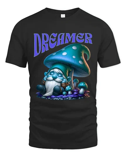 Dreamer Gnome Mushroom Fantasy Graphic T Shirt Peaceful Art - black t-shirt on white background