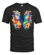 Colorful Butterfly Floral Art Graphic T Shirt Elegant Nature Style - black t-shirt on white background