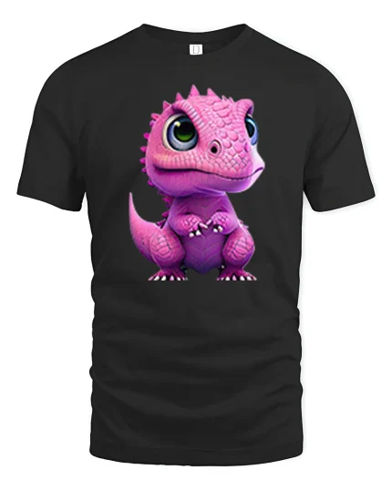 Cute Pink Baby Dinosaur Cartoon Graphic T Shirt Adorable Style - black t-shirt on white background