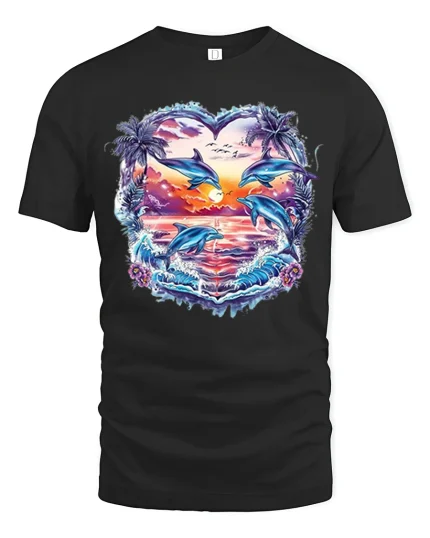 Romantic Dolphin Sunset Heart Ocean Graphic T Shirt Dreamy Art - black t-shirt on white background