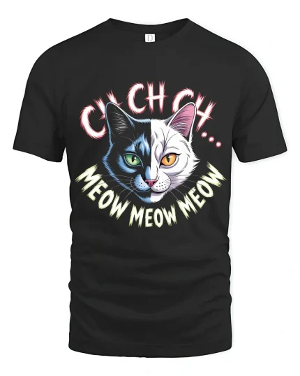 Cych Cych Meow Meow Cat Face Graphic T Shirt Fun Design - black t-shirt on white background