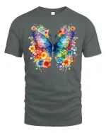 Colorful Butterfly Floral Art Graphic T Shirt Elegant Nature Style - gray t-shirt on white background