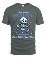 Run From Reality Funny Skeleton Graphic T Shirt With Humor - gray t-shirt on white background