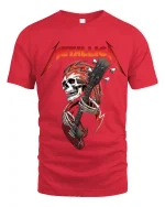 Heavy Metal Skull Guitarist Graphic T Shirt With Rock Energy - red t-shirt on white background