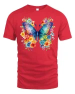 Colorful Butterfly Floral Art Graphic T Shirt Elegant Nature Style - red t-shirt on white background