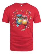 Cute Colorful Owl Couple Love Graphic T Shirt Sweet Art Style - red t-shirt on white background