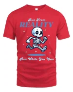 Run From Reality Funny Skeleton Graphic T Shirt With Humor - red t-shirt on white background