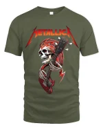 Heavy Metal Skull Guitarist Graphic T Shirt With Rock Energy - military green t-shirt on white background