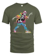 Street Dance Skeleton Graphic T Shirt With Colorful Hip Hop Style - military green t-shirt on white background