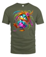 Colorful Crazy Duck Cartoon Graphic T Shirt Funny Cute Style - military green t-shirt on white background