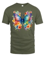 Colorful Butterfly Floral Art Graphic T Shirt Elegant Nature Style - military green t-shirt on white background