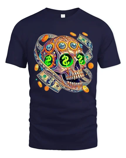 Money Skull Graphic T Shirt With Cash And Luxury Art Style - navy t-shirt on white background