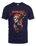 Heavy Metal Skull Guitarist Graphic T Shirt With Rock Energy - navy t-shirt on white background