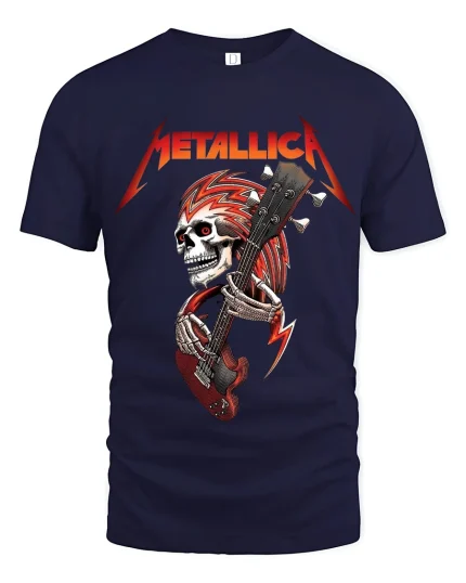 Heavy Metal Skull Guitarist Graphic T Shirt With Rock Energy - navy t-shirt on white background