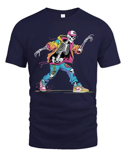 Street Dance Skeleton Graphic T Shirt With Colorful Hip Hop Style - navy t-shirt on white background