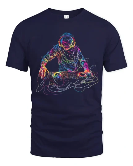 Neon DJ Music Graphic T Shirt With Colorful Electric Art - navy t-shirt on white background