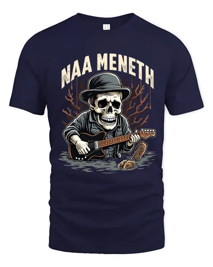 Naa Meneth Skull Guitarist Graphic T Shirt Dark Music Art - navy t-shirt on white background