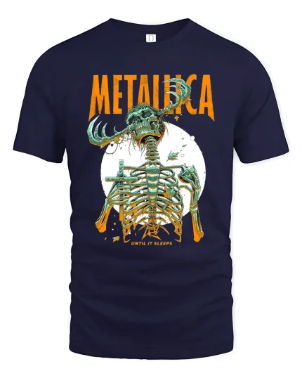 Heavy Metal Elk Skull Skeleton Graphic T Shirt Dark Art Style - navy t-shirt on white background