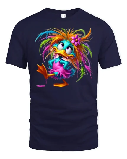Colorful Crazy Duck Cartoon Graphic T Shirt Funny Cute Style - navy t-shirt on white background