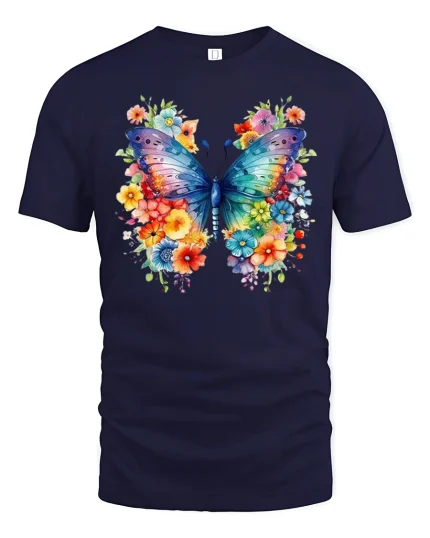 Colorful Butterfly Floral Art Graphic T Shirt Elegant Nature Style - navy t-shirt on white background
