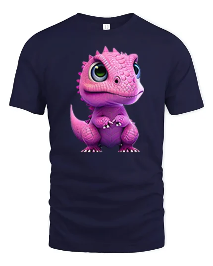 Cute Pink Baby Dinosaur Cartoon Graphic T Shirt Adorable Style - navy t-shirt on white background